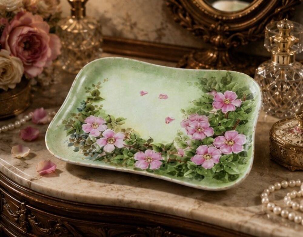 Antique French Limoges Porcelain Dish Vanity Tray Hand Painted Wild Roses Signed
